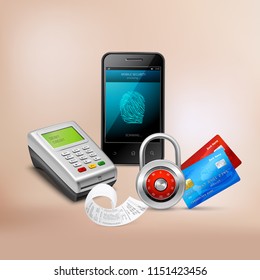 Payment by mobile phone with biometric protection realistic composition on beige background vector illustration