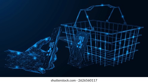 Pagamento por código QR usando um smartphone. Design poligonal de linhas e pontos interconectados. Fundo azul.