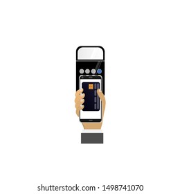 Payment by smartphone at the checkout. Electronic payment. Vector illustration