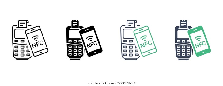 Payment By Smartphone on POS Line and Silhouette Icon Set. Contactless NFC Technology Pictogram. Cashless Transaction by Mobile Phone Symbol Collection. Isolated Vector Illustration.