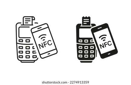 Payment By Smartphone on POS Line and Silhouette Icon Set. Contactless NFC Technology Pictogram. Cashless Transaction by Mobile Phone Symbol Collection. Isolated Vector Illustration.