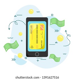 The payment by smartphone. Wireless, contactless. Modern technology. Flat vector illustration