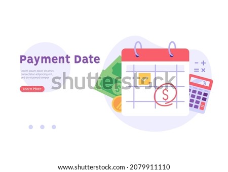 Payment calendar with coin. Concept of payment date, finance calendar, financial stability, pay day, success. Vector illustration in flat design