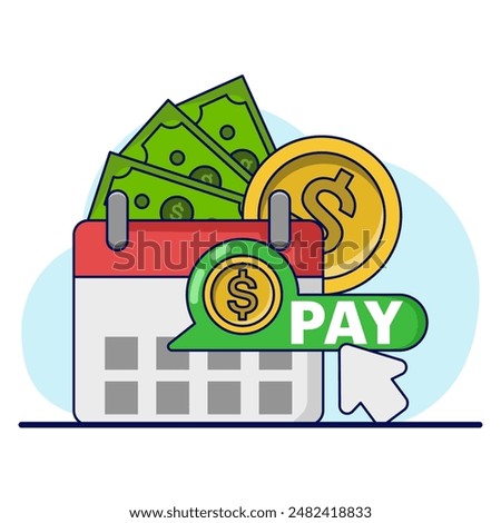 Payment calendar concept. Calendar with monthly payment dates. Monthly subscription payment. Pay day. Tax day. Monthly payments, regular online payments. Flat vector illustration on background.