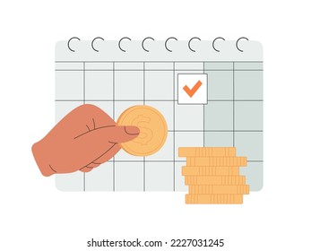 Payment calendar and hand with coin. Concept of regular monthly tax or credit bill pay planning, deadline reminder. Hand drawn vector illustration isolated on white background, flat cartoon style.