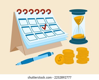 Payment calendar  hourglasses   stack coins  Concept regular monthly tax credit bill pay planning  deadline reminder  Hand drawn vector illustration isolated light background  flat style