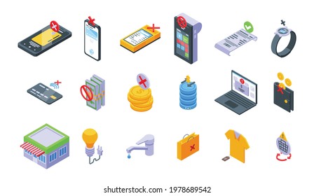 Iconos de cancelación de pago establecidos. Conjunto isométrico de iconos vectoriales de cancelación de pagos para diseño web aislados en fondo blanco