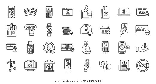 Payment cancellation icons set outline vector. Bank app. Business card