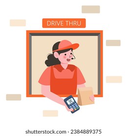 Payment from Car, Drive Thru System. Takeaway Food Service with payment system or scan qr code. Customer Purchase Goods without Leaving Auto. Vector Illustration.