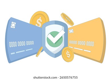 cartão de pagamento, moeda e escudo com marca de verificação. Pagamento on-line, sistema de transação de moeda financeira. Conceito de pagamento seguro, aprovação, proteção financeira, e-wallet, segurança bancária on-line.