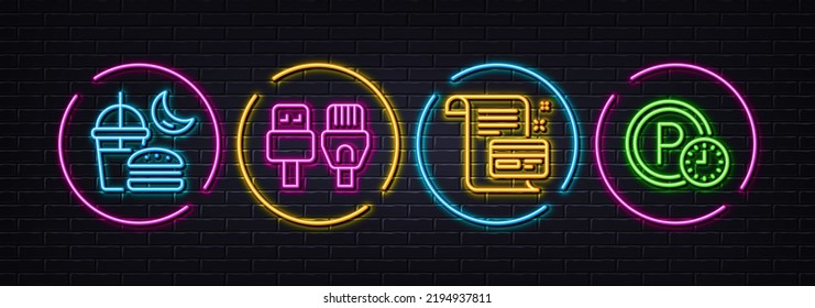 Tarjeta de pago, Cables de computadora y Noche comen iconos de línea mínimos. Luces 3d láser neón. Iconos de tiempo de estacionamiento. Para web, aplicación, impresión. Condiciones del contrato, Rj45 Internet, comida chatarra. Vector
