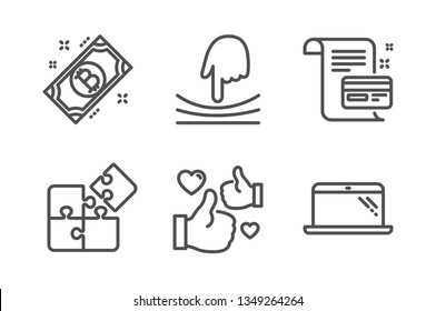 Payment card, Elastic and Bitcoin icons simple set. Puzzle, Like and Laptop signs. Agreement conditions, Resilience. Technology set. Line payment card icon. Editable stroke. Vector