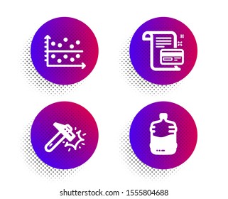 Payment card, Hammer blow and Dot plot icons simple set. Halftone dots button. Cooler bottle sign. Agreement conditions, Crash tool, Presentation graph. Water drink. Business set. Vector