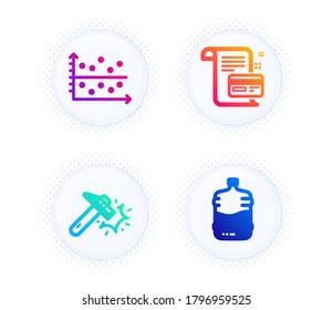 Payment card, Hammer blow and Dot plot icons simple set. Button with halftone dots. Cooler bottle sign. Agreement conditions, Crash tool, Presentation graph. Water drink. Business set. Vector