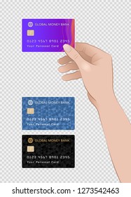 Payment Card Held By Female Hand. Graphic designs of one side of a payment plastic card which is held by female hand on checkered background.