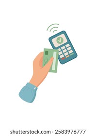 Payment card holding by a female hand sticker. A human hand holds a card for contactless cash transactions. This element captures the economy in digital context, flat style, suitable for finance