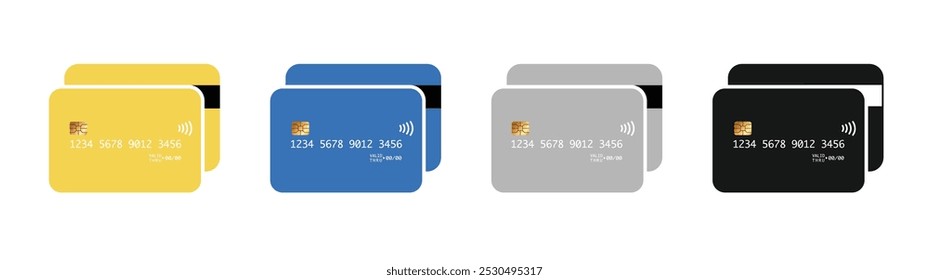 Ícone de cartão de pagamento definido. Ícone de pagamento de cartão de crédito. Ícone do cartão bancário. Montagem de cartão de crédito com cor diferente Ouro, Azul, Prata e preto isolado no fundo branco.