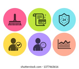 Payment card, Identity confirmed and Time management icons simple set. 24 hours, Cleaning mop and Money diagram signs. Agreement conditions, Person validated. Flat payment card icon. Circle button
