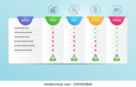 Payment card, Loan house and Startup icons simple set. Comparison table. Search text sign. Credit card, Discount percent, Innovation. Open book. Technology set. Pricing plan. Compare products. Vector