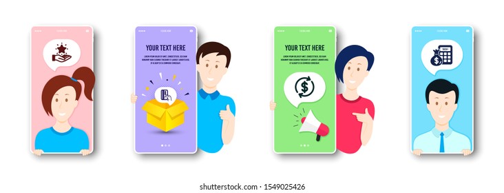 Payment card, Loyalty program and Dollar exchange icons simple set. People on phone screen. Finance calculator sign. Credit card, Bonus star, Banking rates. Calculate money. Finance set. Vector