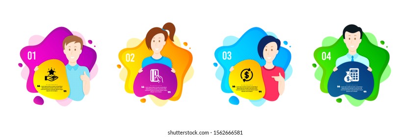 Payment card, Loyalty program and Dollar exchange icons simple set. People shapes timeline. Finance calculator sign. Credit card, Bonus star, Banking rates. Calculate money. Finance set. Vector