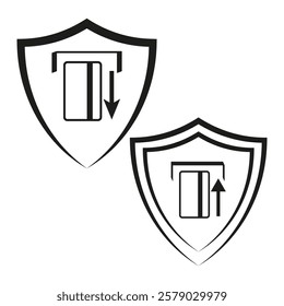 Payment card shield. Upward downward arrow. Transaction security icon. Vector protective symbol.