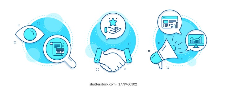 Payment card, Statistics and Web report line icons set. Handshake deal, research and promotion complex icons. Loyalty program sign. Agreement conditions, Financial report, Graph chart. Vector