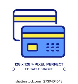 Payment cards pixel perfect line color icon. Debit and credit. Digital banking service. Personal finances management. Isolated vector illustration. Flat colorful symbol design. Editable stroke