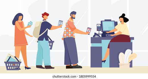 Payment cash desk composition with flat human characters standing in line with cashier and contactless payments vector illustration