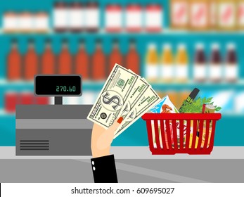 Payment in cash. Supermarket interior. Cashier counter workplace. Shelves with products. Cash register. Vector illustration in flat style