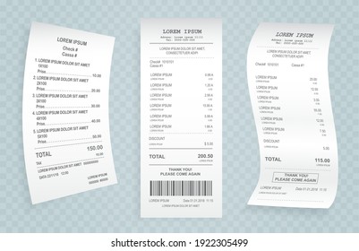 Payment check 3d paper document. Buying financial invoice bill purchasing calculate pay vector isolated. Receipt the seller forms at online checkout for transfer to the buyer or client, paper piece