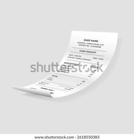Payment Check and Curved Receipts with Shadow. Purchase Invoice and Billing Form for Transactions
