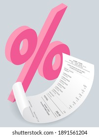 Payment check isometric. Buying financial invoice bill purchasing calculate pay with percent sign. Receipt the seller forms at the online checkout for transfer to the buyer or client, paper piece
