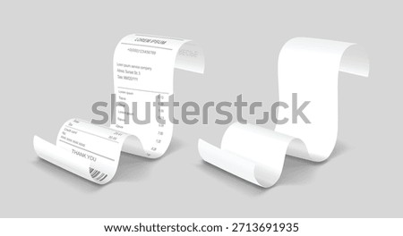 Payment check isometric set. Buying financial invoice paper bill. Receipt purchasing calculate pay vector isolated. Blank and printed seller form, cash invoice, supermarket bill
