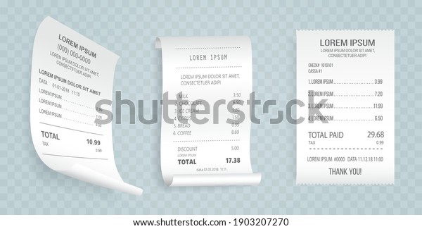 Payment check isometric set. Buying financial\
invoice bill purchasing calculate pay vector isolated. Receipt the\
seller forms at the online checkout for transfer to the buyer or\
client, paper piece