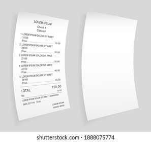 Payment check paper document. Buying financial invoice bill purchasing calculate pay vector isolated. Receipt the seller forms at the online checkout for transfer to the buyer or client, paper piece