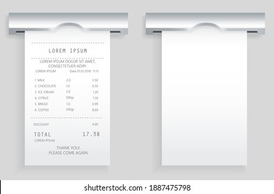 Payment check paper document poked out of cash register. Buying financial invoice bill purchasing calculate pay. Receipt the seller forms at online checkout for transfer to buyer. ATM receipt check