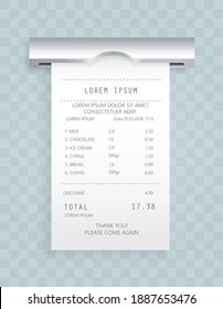 Payment check paper document poked out of cash register. Buying financial invoice bill purchasing calculate pay. Receipt the seller forms at online checkout for transfer to buyer. ATM receipt check