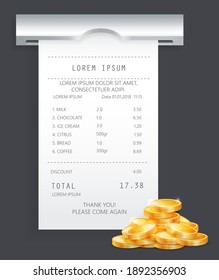 Payment check paper document poked out of the cash register near a pile of gold coins isometric. Buying financial invoice bill purchasing calculate pay. Cash, money, buying and selling concept