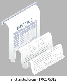 Payment check paper document poked out of the cash register. Buying financial invoice bill purchasing calculate pay. Receipt the seller forms at the online checkout for transfer to the buyer