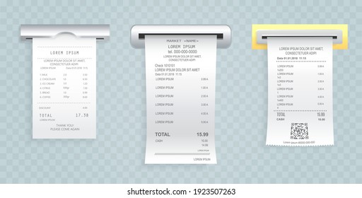 Payment check paper document poked out of cash register. Buying financial invoice bill purchasing calculate pay. Receipt the seller forms at online checkout for transfer to buyer. ATM receipt check