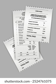 Cheque de pagamento e recebimentos. Conjunto de papel financeiro, nota fiscal de compra. Comprando, faturando ou calculando pagamento. Recibo dos formulários do vendedor