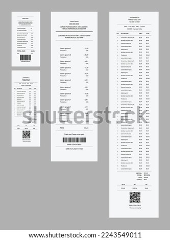 Payment check and receipts. Set of financial paper, purchase invoice. Buying, bill or calculate pay. Receipt the seller forms