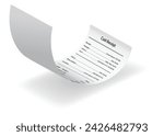 Payment check and receipts with shadow. Curved financial paper, purchase invoice. Buying, bill or calculate pay. Receipt the seller forms