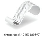 Payment check and receipts with shadow. Curved financial paper, purchase invoice. Buying, bill or calculate pay. Receipt the seller forms