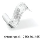 Payment check or receipts with shadow. Curved financial paper, purchase invoice. Buying, bill or calculate pay. Receipt the seller form