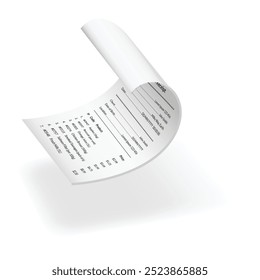 Payment check or receipts with shadow. Curved financial paper, purchase invoice. Buying, bill or calculate pay. Receipt the seller form