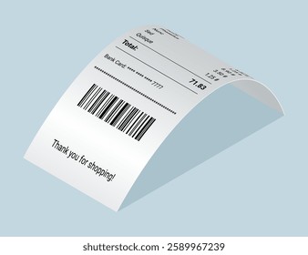Payment check and receipts with shadow. Curved financial paper, purchase invoice. Buying, bill or calculate pay. Receipt the seller forms