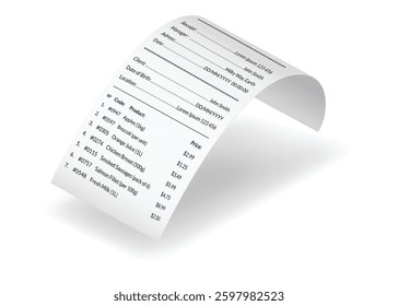 Payment check and receipts with shadow. Curved financial paper, purchase invoice. Buying, bill or calculate pay. Receipt the seller forms