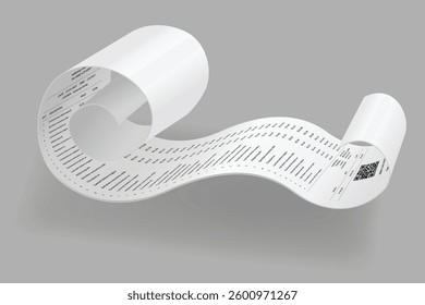Payment check and receipts with shadow. Curved financial paper, purchase invoice. Buying, bill or calculate pay. Receipt the seller form